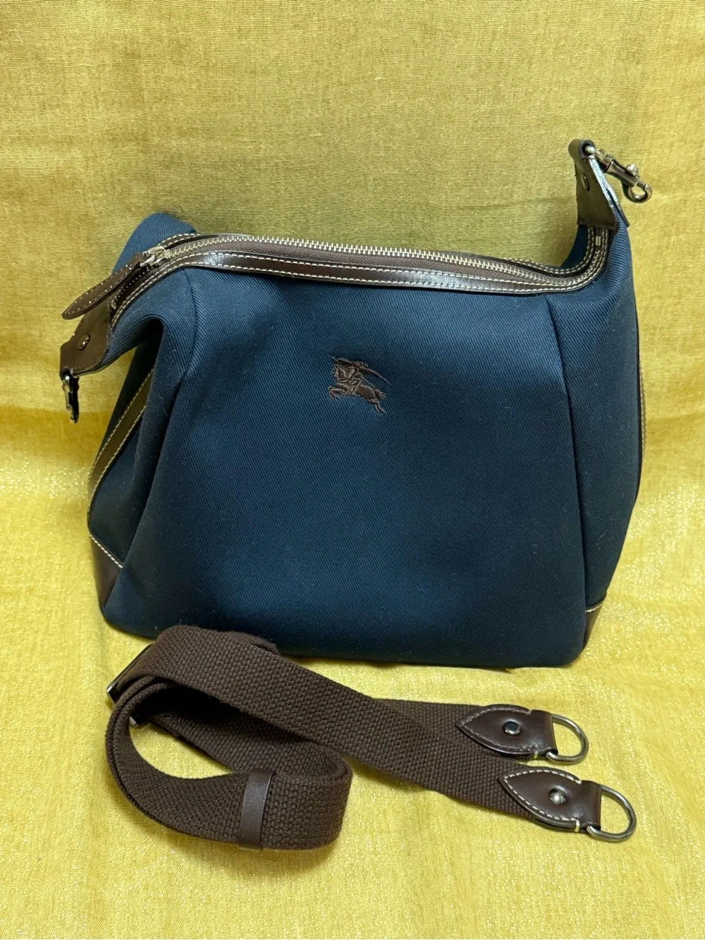 Burberry Navy Canvas Hobo Bag with Brown Accents
